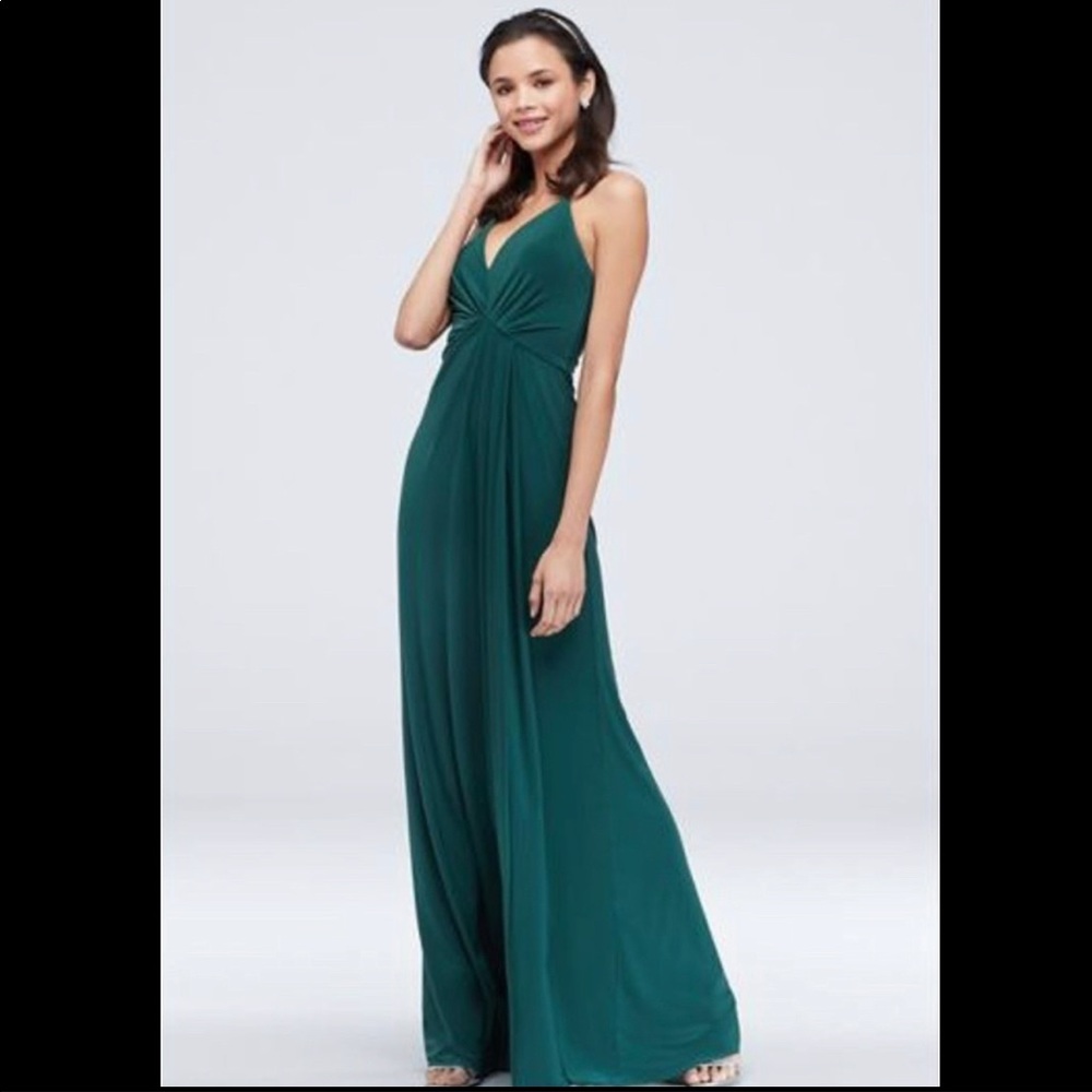 David’s Bridal Green V-neck Draped Jersey Dress